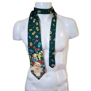 Harrison Santa Silk Tie Christmas Green Holiday Presents Office Party Hand Sewn